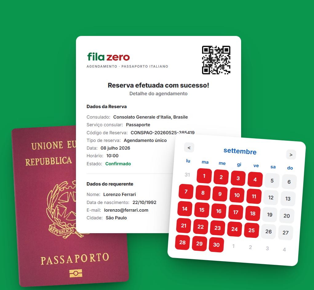 Comprovante de agendamento Fila Zero com passaporte italiano
